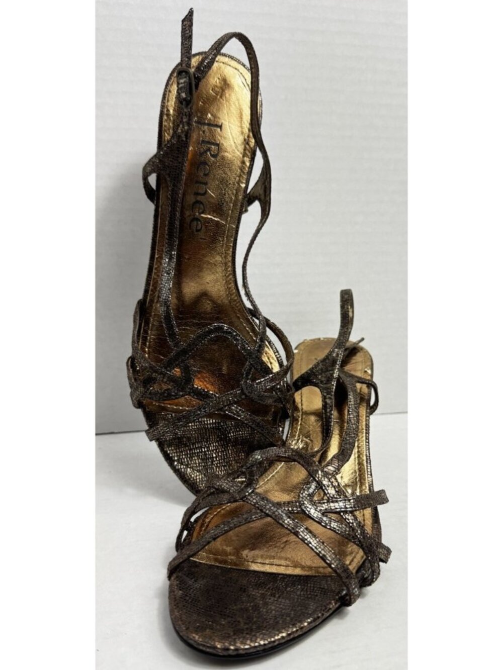 J. Renee Womens Cambria Strappy Snake Print Metallic Sandals Bronze Size 6.5M